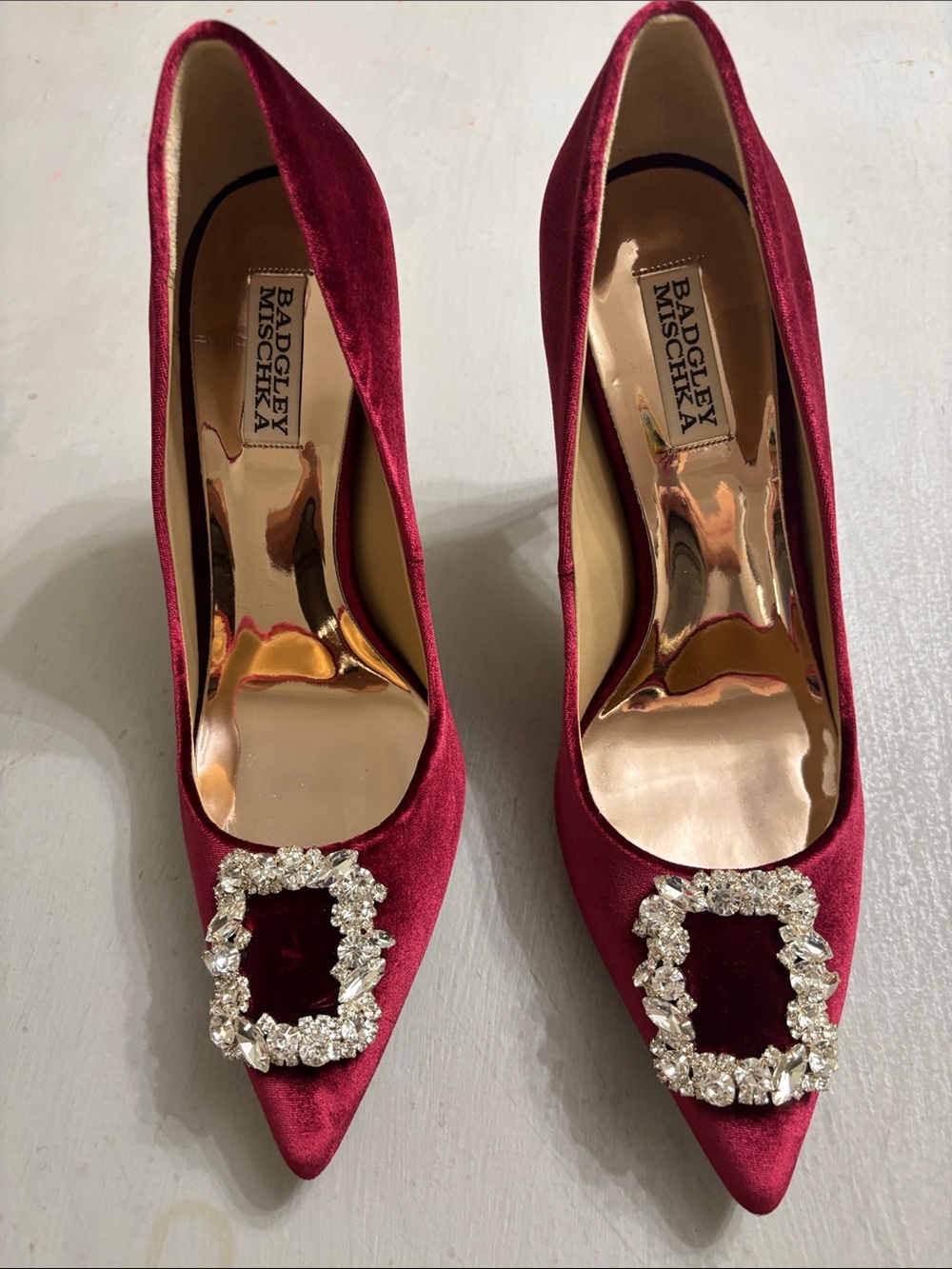 Badgley Mischka Burgundy Velvet Pointed Toe Pumps with Crystal Buckle Accent 10 - Picture 2 of 10
